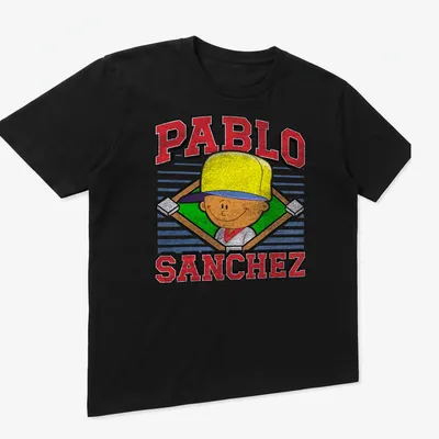 Vintage retro t-shirt featuring cartoon boy and the name Pablo Sanchez in bold letters — printed on a unisex t-shirt (angled view)