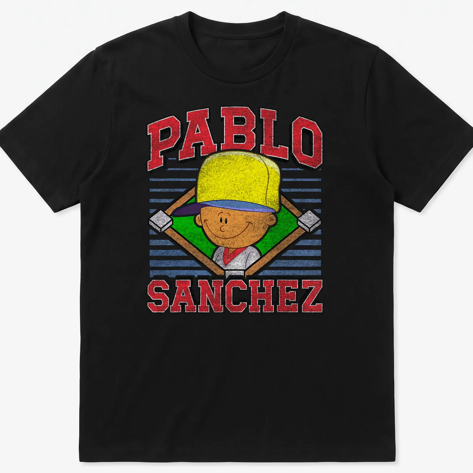 Vintage retro t-shirt featuring cartoon boy and the name Pablo Sanchez in bold letters — printed on a unisex t-shirt