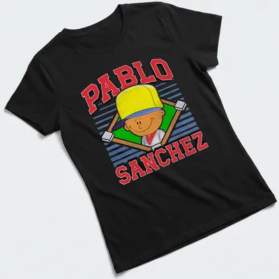 Vintage retro t-shirt featuring cartoon boy and the name Pablo Sanchez in bold letters — printed on a women's shirt