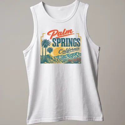 Vintage retro t-shirt featuring palm trees and mountains with sunset colors. — printed on a tank top