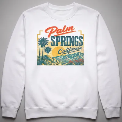 Vintage retro t-shirt featuring palm trees and mountains with sunset colors. — printed on a unisex sweatshirt