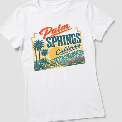Vintage retro t-shirt featuring palm trees and mountains with sunset colors. — printed on a women's shirt