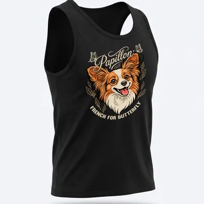 Illustration of a Papillon dog with 'Papillon French For Butterfly' text in warm colors — printed on a tank top
