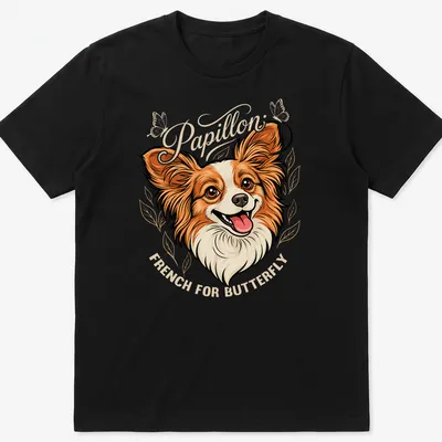 Illustration of a Papillon dog with 'Papillon French For Butterfly' text in warm colors