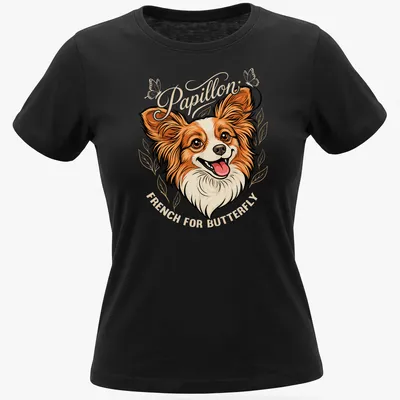 Illustration of a Papillon dog with 'Papillon French For Butterfly' text in warm colors — printed on a women's shirt