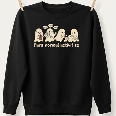 Kawaii ghosts with the phrase Para normal activities on a beige — printed on a unisex sweatshirt