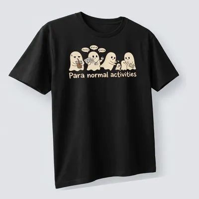 Kawaii ghosts with the phrase Para normal activities on a beige — printed on a unisex t-shirt (angled view)