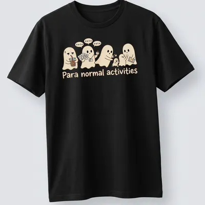Kawaii ghosts with the phrase Para normal activities on a beige — printed on a unisex t-shirt