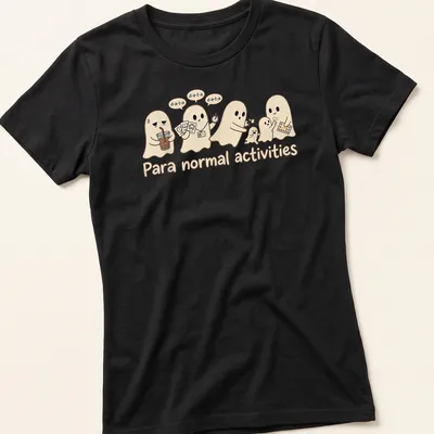 Kawaii ghosts with the phrase Para normal activities on a beige — printed on a women's shirt