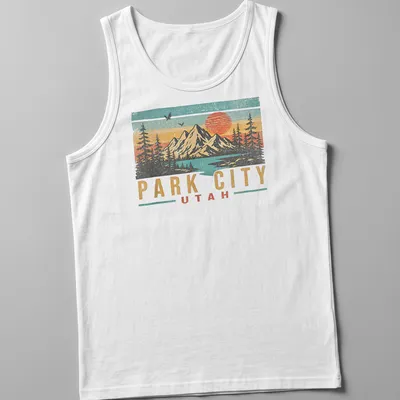Retro distressed design featuring mountains and sunset with Park City Utah text — printed on a tank top