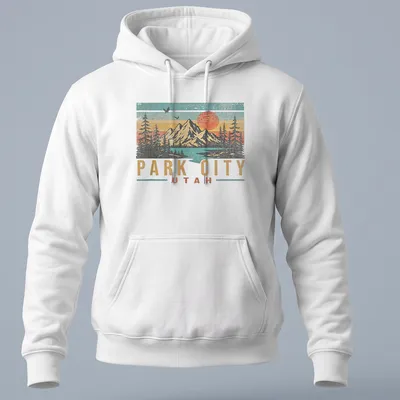 Retro distressed design featuring mountains and sunset with Park City Utah text — printed on a unisex hoodie