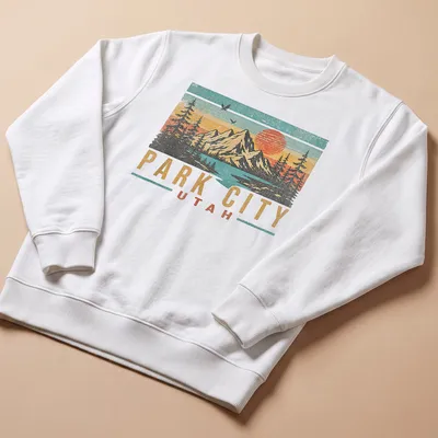 Retro distressed design featuring mountains and sunset with Park City Utah text — printed on a unisex sweatshirt