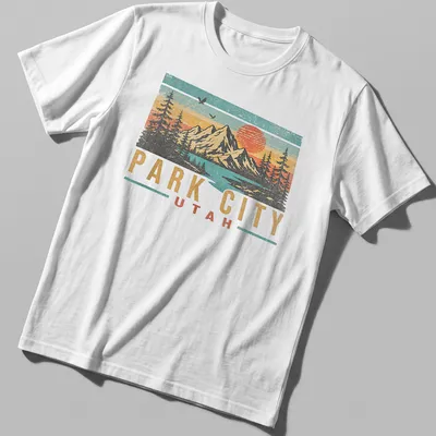 Retro distressed design featuring mountains and sunset with Park City Utah text