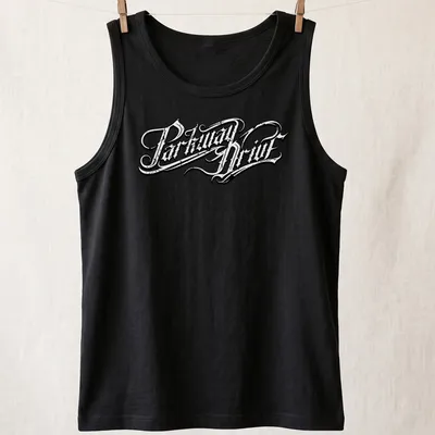 Vintage Parkway Drive logo printed in black and white — printed on a tank top