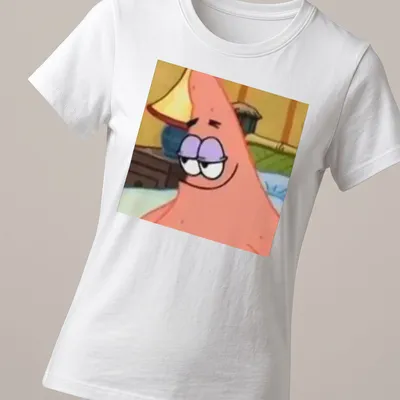Cartoon Patrick Star character smiling in vibrant colors — printed on a women's shirt