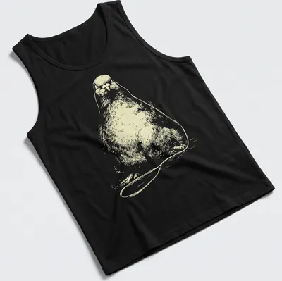 Minimalist line-art of a peaceful pigeon wearing earbuds listening to music — printed on a tank top