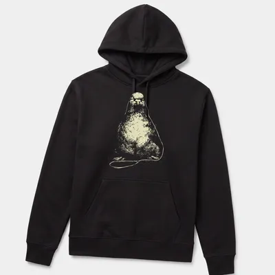Minimalist line-art of a peaceful pigeon wearing earbuds listening to music — printed on a unisex hoodie