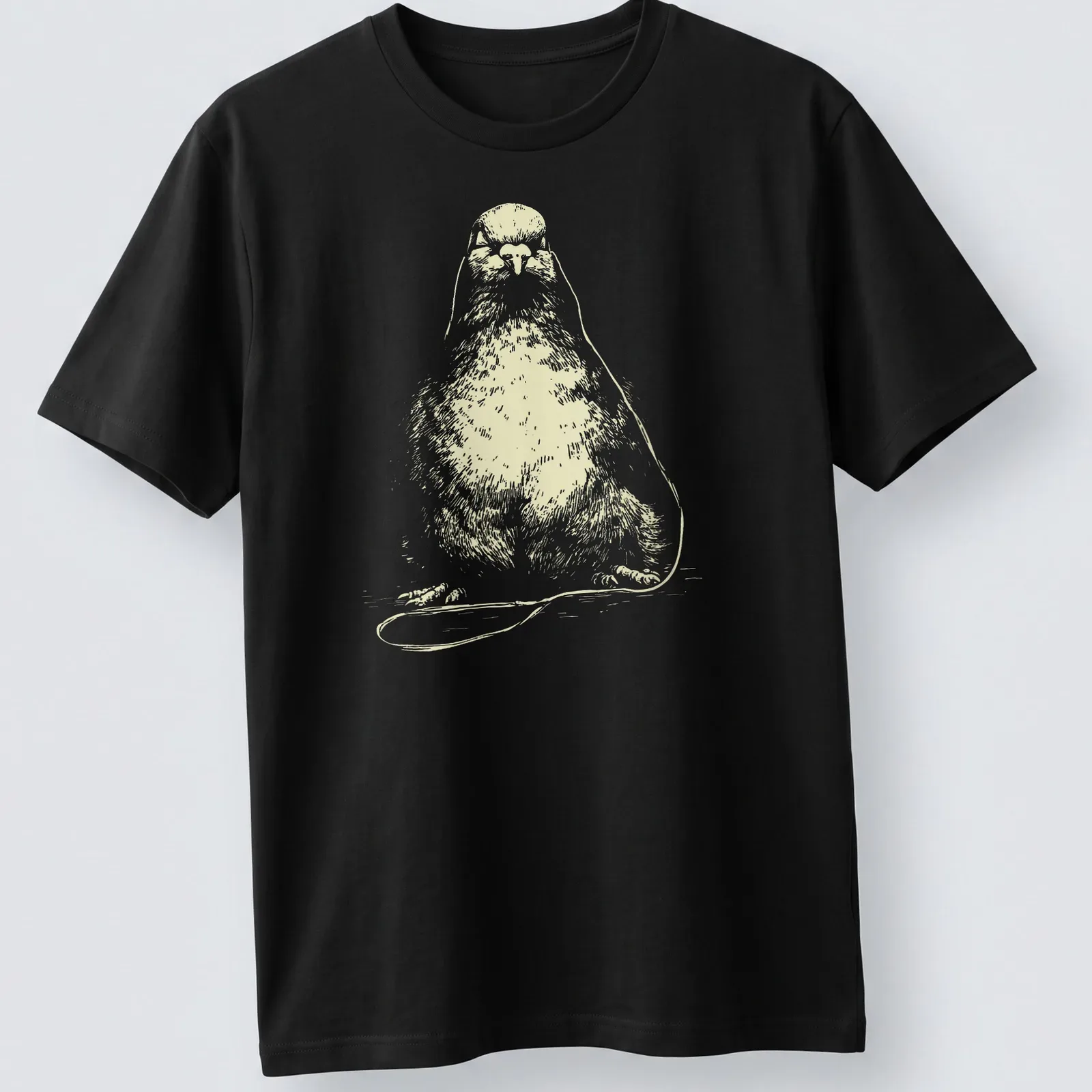 Minimalist line-art of a peaceful pigeon wearing earbuds listening to music — printed on a unisex t-shirt