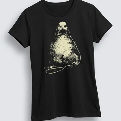 Minimalist line-art of a peaceful pigeon wearing earbuds listening to music — printed on a women's shirt