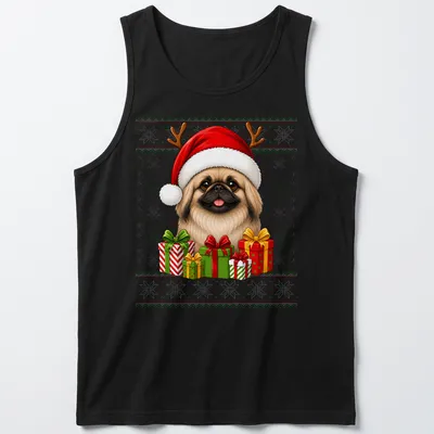 Cartoon Pekingese dog in Santa hat with Christmas gifts — printed on a tank top
