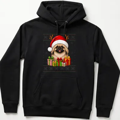Cartoon Pekingese dog in Santa hat with Christmas gifts — printed on a unisex hoodie