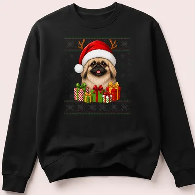 Cartoon Pekingese dog in Santa hat with Christmas gifts — printed on a unisex sweatshirt
