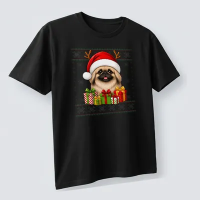 Cartoon Pekingese dog in Santa hat with Christmas gifts — printed on a unisex t-shirt (angled view)