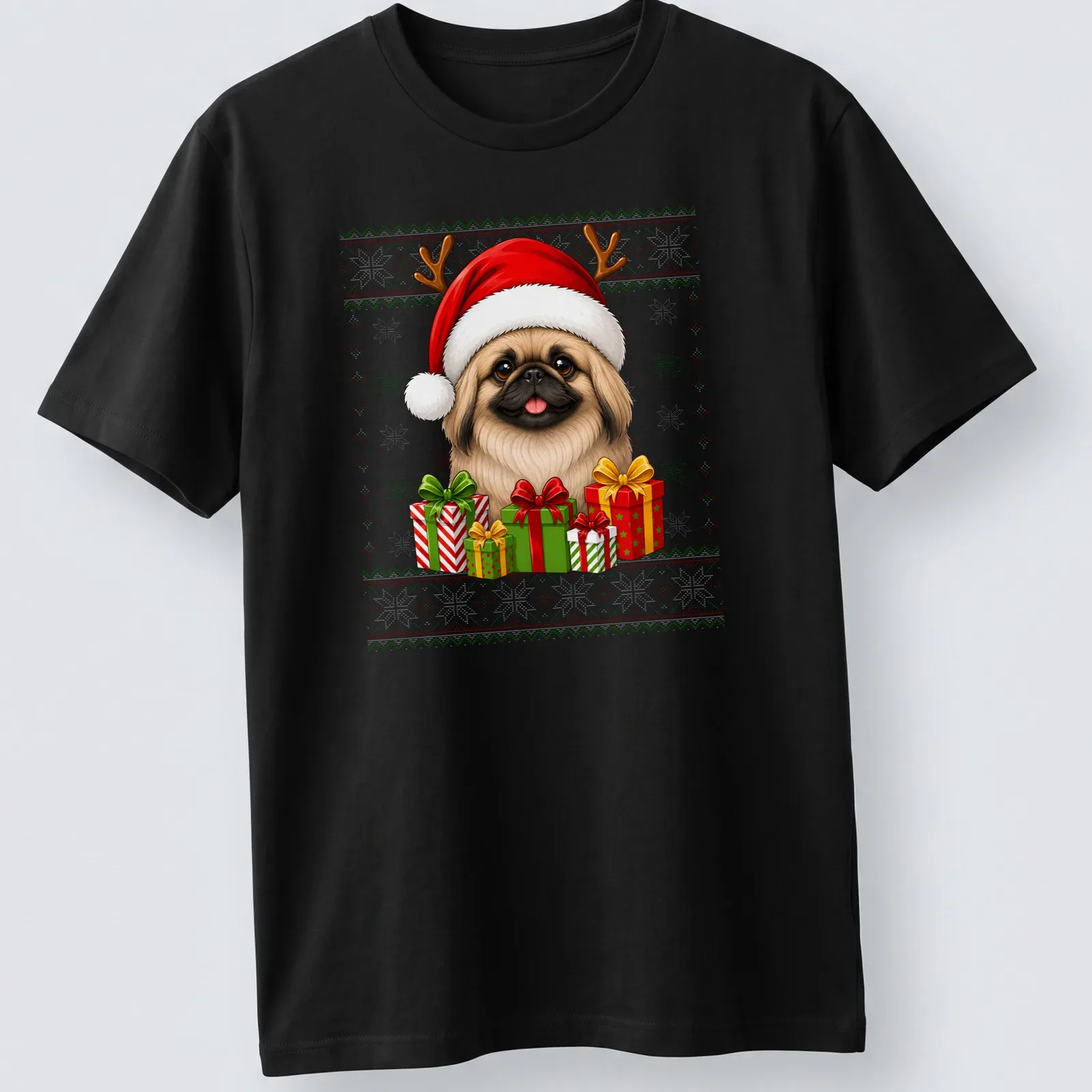 Cartoon Pekingese dog in Santa hat with Christmas gifts — printed on a unisex t-shirt