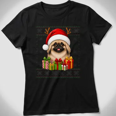Cartoon Pekingese dog in Santa hat with Christmas gifts — printed on a women's shirt