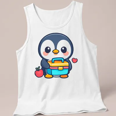 Kawaii penguin holding a colorful lunchbox and apple in a cute design. — printed on a tank top