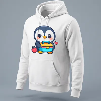 Kawaii penguin holding a colorful lunchbox and apple in a cute design. — printed on a unisex hoodie