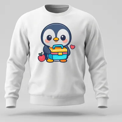 Kawaii penguin holding a colorful lunchbox and apple in a cute design. — printed on a unisex sweatshirt