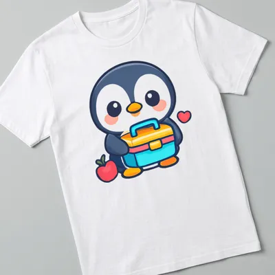 Kawaii penguin holding a colorful lunchbox and apple in a cute design.