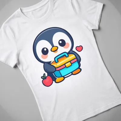 Kawaii penguin holding a colorful lunchbox and apple in a cute design. — printed on a women's shirt