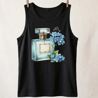 Realistic print of a perfume bottle with blue flowers and gold accents — printed on a tank top