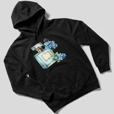 Realistic print of a perfume bottle with blue flowers and gold accents — printed on a unisex hoodie