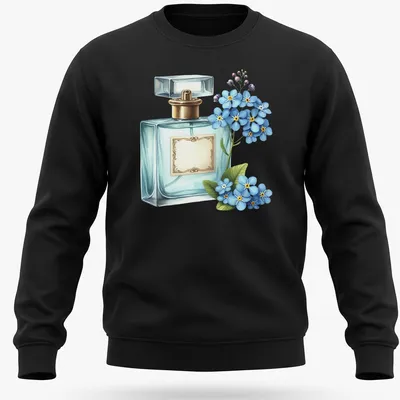 Realistic print of a perfume bottle with blue flowers and gold accents — printed on a unisex sweatshirt