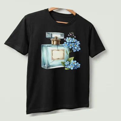 Realistic print of a perfume bottle with blue flowers and gold accents — printed on a unisex t-shirt (angled view)