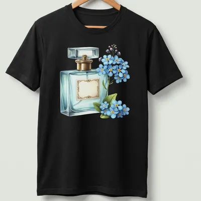 Realistic print of a perfume bottle with blue flowers and gold accents