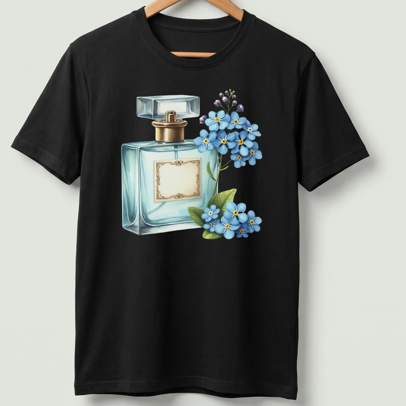 Realistic print of a perfume bottle with blue flowers and gold accents — printed on a unisex t-shirt