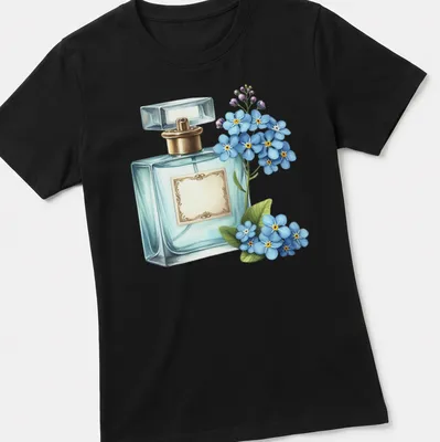 Realistic print of a perfume bottle with blue flowers and gold accents — printed on a women's shirt