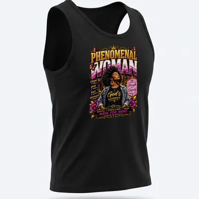 Bold t-shirt showing a Black woman with afro and empowering text in vibrant colors — printed on a tank top