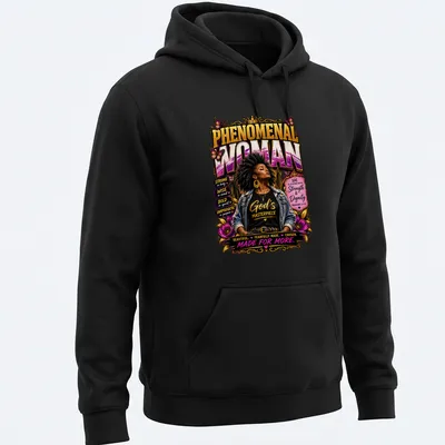 Bold t-shirt showing a Black woman with afro and empowering text in vibrant colors — printed on a unisex hoodie