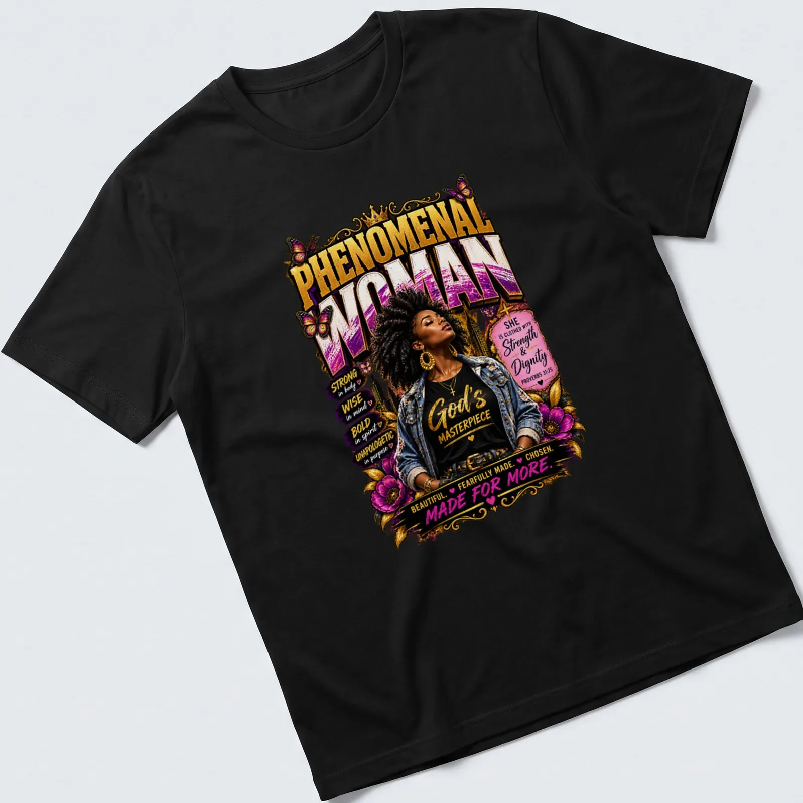Bold t-shirt showing a Black woman with afro and empowering text in vibrant colors — printed on a unisex t-shirt