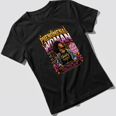 Bold t-shirt showing a Black woman with afro and empowering text in vibrant colors — printed on a women's shirt