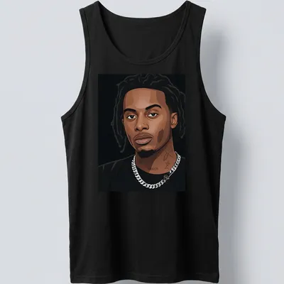 Vector portrait of Playboi Carti in black, brown, white, and silver tones — printed on a tank top