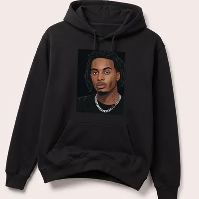 Vector portrait of Playboi Carti in black, brown, white, and silver tones — printed on a unisex hoodie