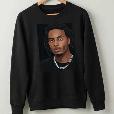 Vector portrait of Playboi Carti in black, brown, white, and silver tones — printed on a unisex sweatshirt