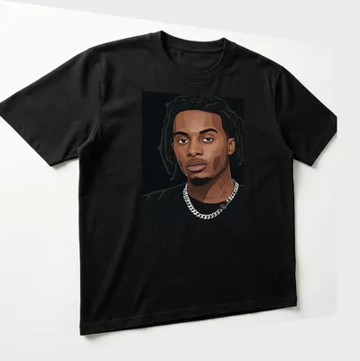 Vector portrait of Playboi Carti in black, brown, white, and silver tones — printed on a unisex t-shirt (angled view)
