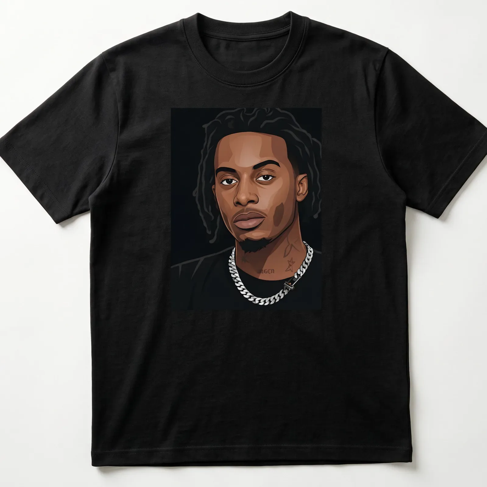 Vector portrait of Playboi Carti in black, brown, white, and silver tones — printed on a unisex t-shirt